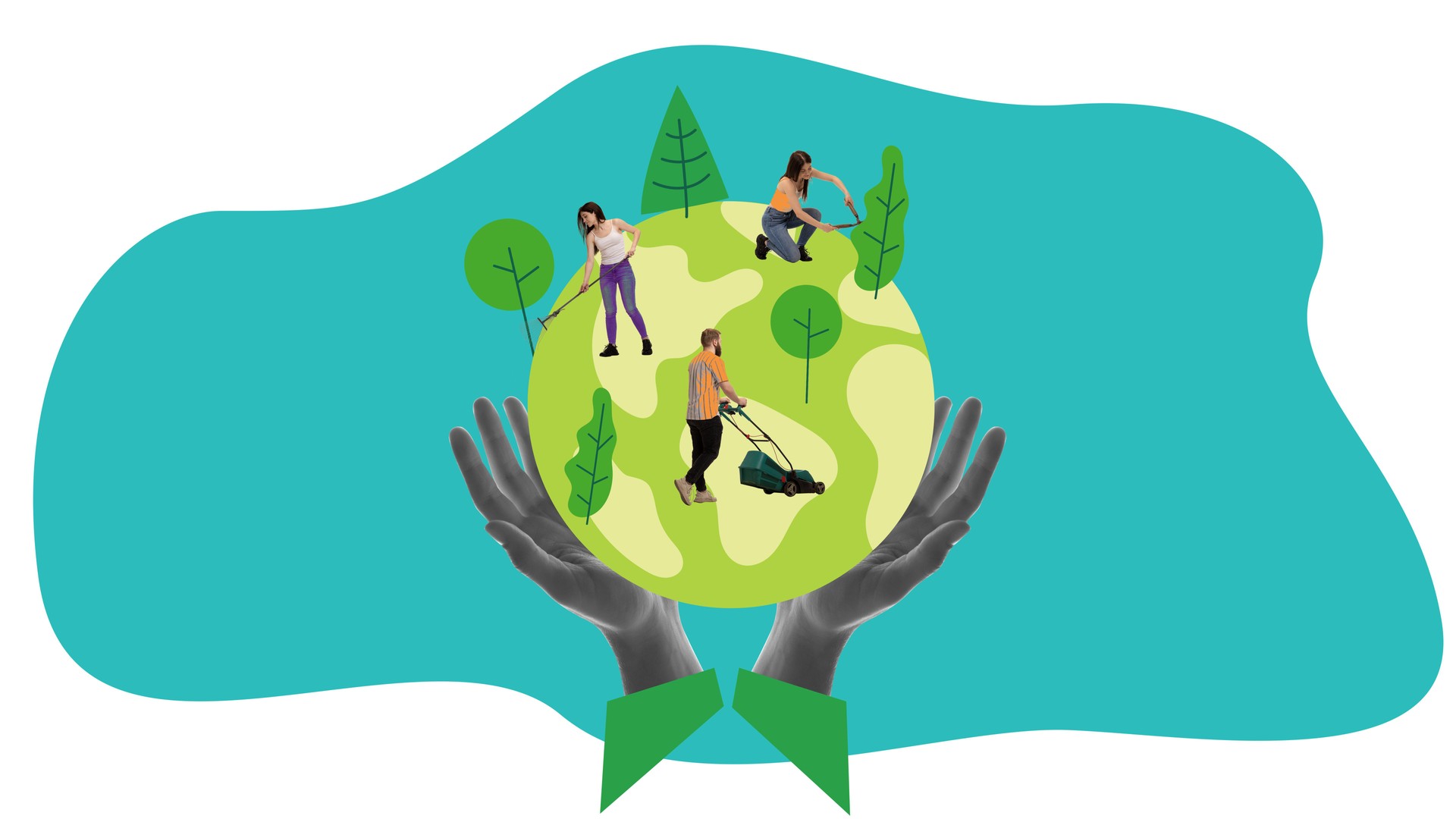 People gardening on globe held by hands, symbolizing environmental protection and planet care. Conceptual art collage.