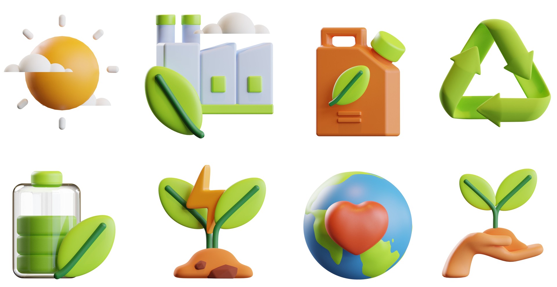 3D Ecology Icons Set Recycling waste Renewable energy sources Organic Bio Fuel Reuse plastic Eco Awareness Environment Protection Save the planet UX UI Web Design Elements 3d rendering illustration