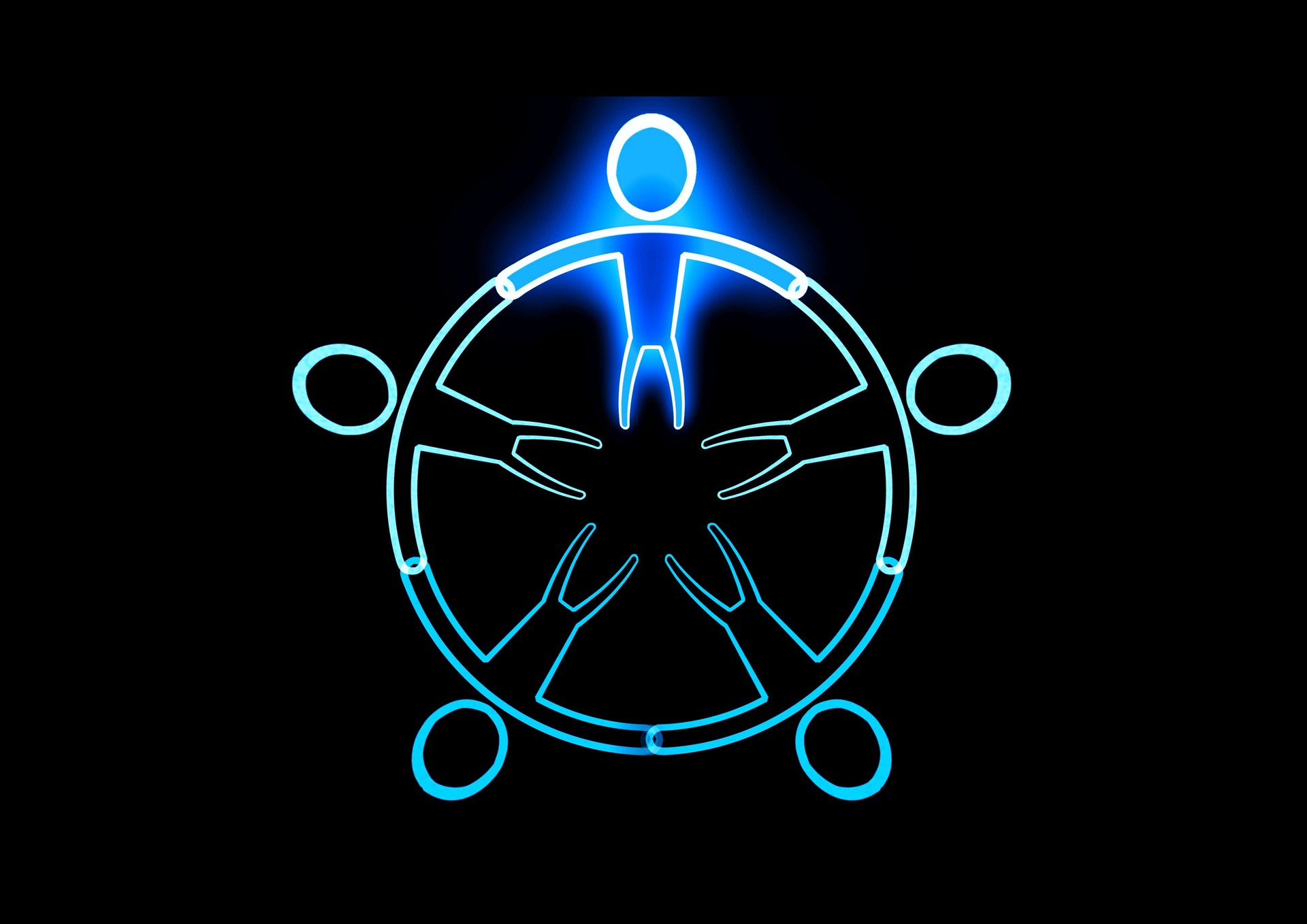 Silhouettes of people holding hands drawn with blue neon light lines